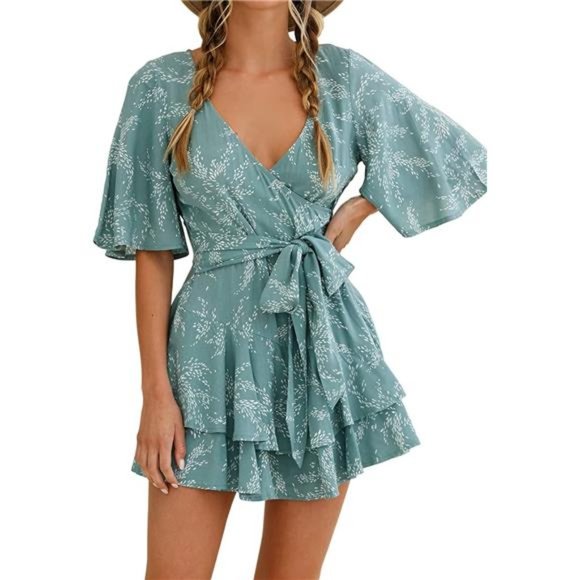 Women´s Casual Romper Floral Print Mid Sleeves Waist...